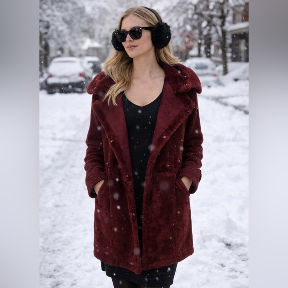12th Jackets & Blazers - Burgundy Faux Fur and Knit Sweater Coat